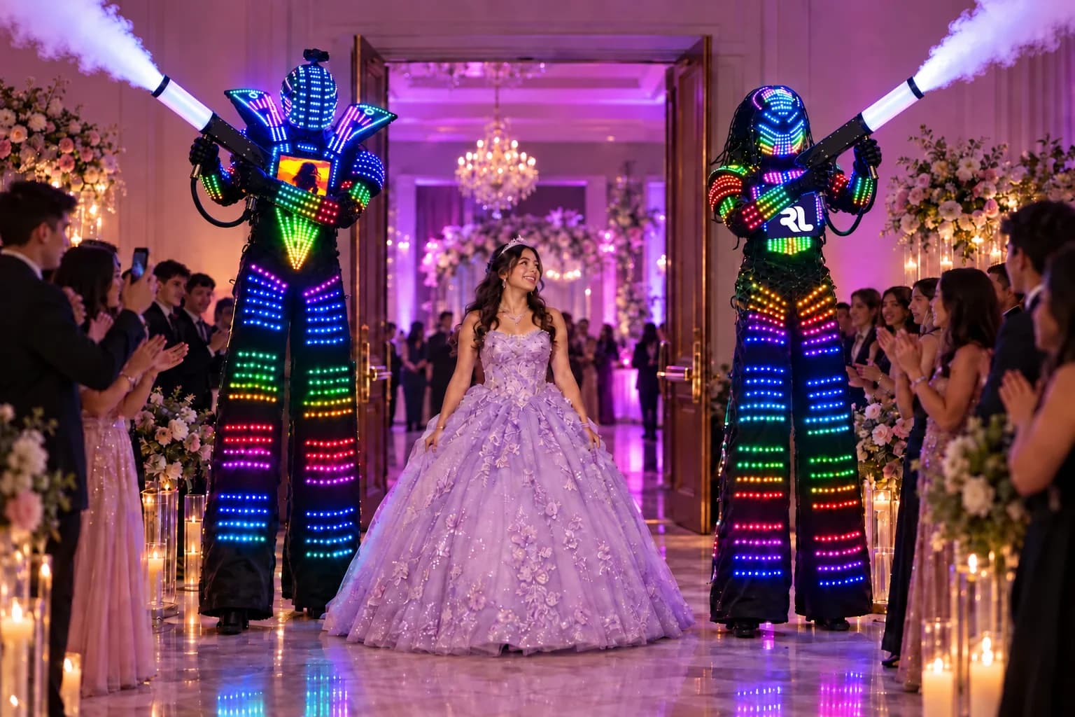 Dos Robots LED acompañan a una quinceañera, cada uno sosteniendo su Pistola CO₂ con ambas manos