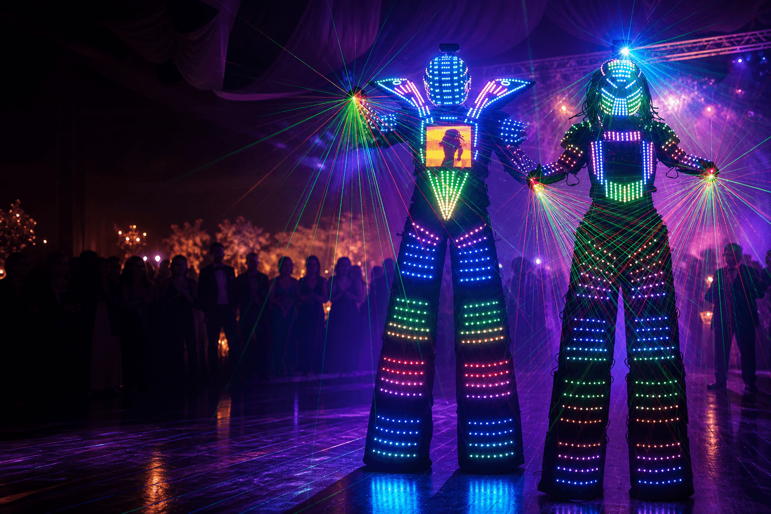 Composición generada a partir de los dos Robots LED reales, juntos en una celebración