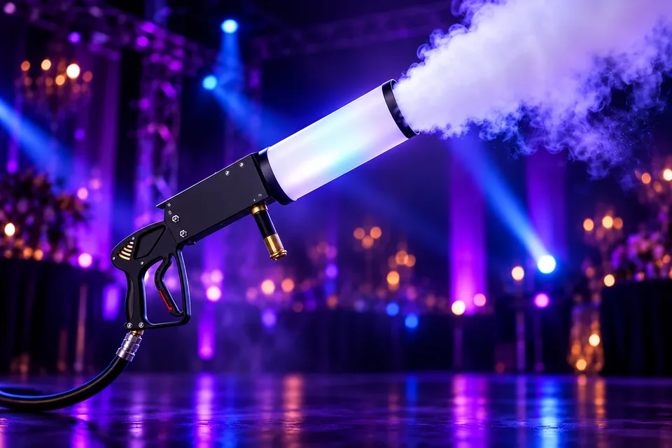 Pistola de CO₂ de cuerpo negro y tubo blanco translúcido iluminado, con manguera y vapor blanco