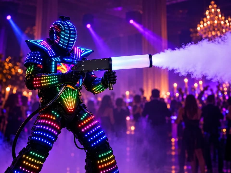 Robot LED de costado disparando vapor hacia la derecha con una Pistola de CO₂ de tubo blanco iluminado