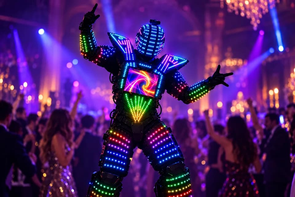 Robot con traje de luces LED multicolor bailando en una pista